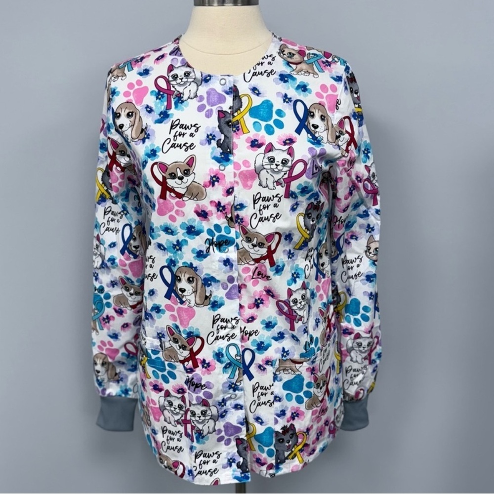 NWT Cherokee Scrub Jacket XS Paws For A Cause Cats & Dogs Scrubs Vet Warm Up